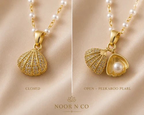 Gold Tone Shell Locket Necklace Pearl Look Hidden Pendant