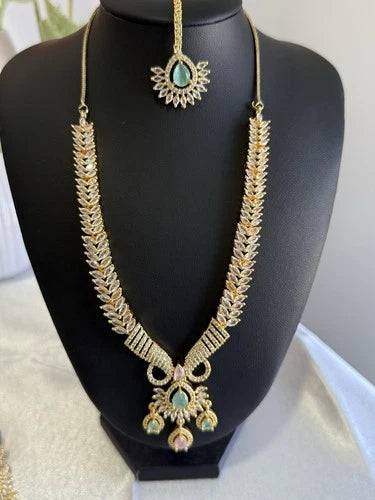 Gold Tone Mint Pink CZ Necklace Earrings Tikka Pakistani Jewelry Set