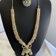 Gold Tone Mint Pink CZ Necklace Earrings Tikka Pakistani Jewelry Set