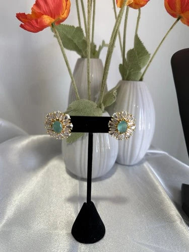 Mint Green CZ Round Stud Earrings Gold Tone Party Jewelry