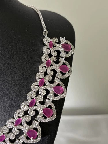 Ruby-toned American Diamond necklace and earring set