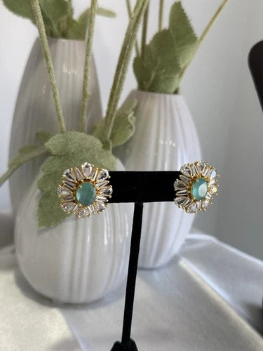 Mint Green CZ Round Stud Earrings Gold Tone Party Jewelry