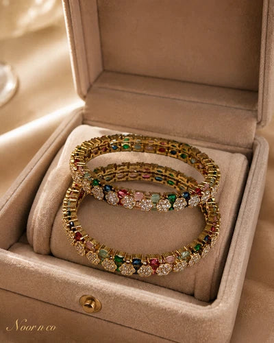Multicolor CZ Flower Gold Tone Bangle Set Size 2.10 Indian Pakistani Jewelry