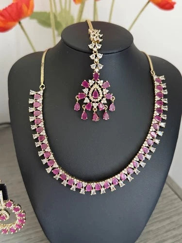 Pink CZ Gold Tone Necklace Earrings Tikka Set Indian Pakistani Bridal Jewelry