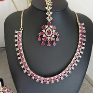 Pink CZ Gold Tone Necklace Earrings Tikka Set Indian Pakistani Bridal Jewelry
