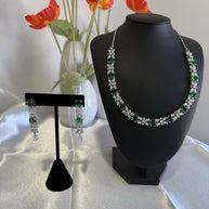 Emerald Green CZ Necklace & Earrings Set Silver Tone Wedding Jewelry
