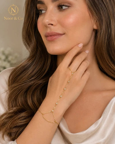 Golden Glow Crystal Hand Chain 18K Gold Stainless Steel Peal finger Chain