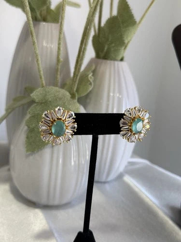 Mint Green CZ Round Stud Earrings Gold Tone Party Jewelry