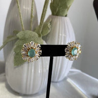 Mint Green CZ Round Stud Earrings Gold Tone Party Jewelry