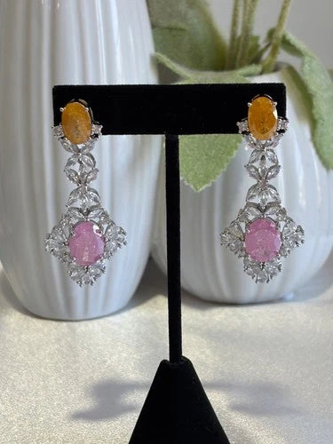 Yellow Pink CZ Silver Tone Drop Earrings Pakistani Indian Statement Jewelry