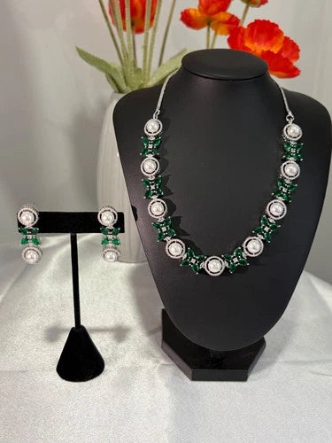 Emerald Green Pearl CZ Silver Tone Necklace Earrings Set