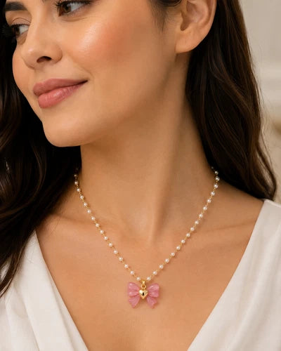 Pink Bow Heart Pendant Necklace Gold Tone Pearl Look Beaded Fashion Jewelry