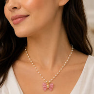 Pink Bow Heart Pendant Necklace Gold Tone Pearl Look Beaded Fashion Jewelry