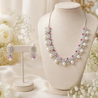 Pink Pearl CZ Silver Tone Necklace Earrings Set Indian Pakistani Bridal Jewelry