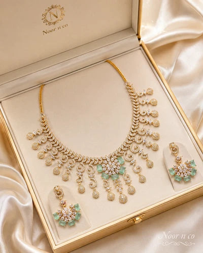 Gold Tone Mint Green CZ Necklace Earrings Set Indian Pakistani Bridal Jewelry