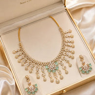 Gold Tone Mint Green CZ Necklace Earrings Set Indian Pakistani Bridal Jewelry