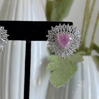 Pink & Green Stone Halo Stud Earrings Silver Tone CZ Statement Jewelry