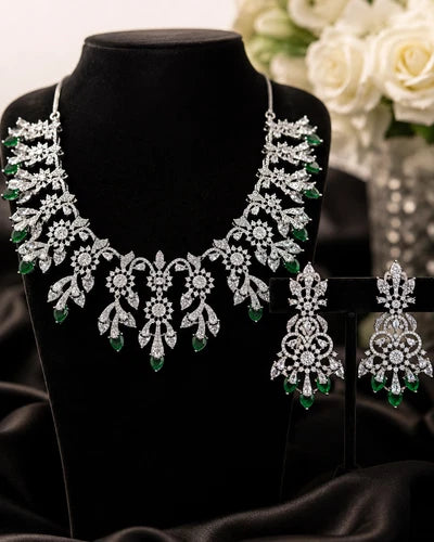 Emerald Green CZ Crystal Silver Necklace Earrings Set Indian Bridal Jewelry