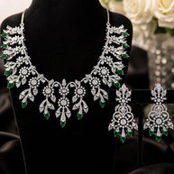 Emerald Green CZ Crystal Silver Necklace Earrings Set Indian Bridal Jewelry