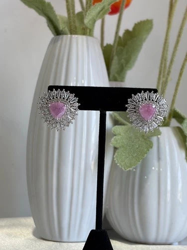 Pink & Green Stone Halo Stud Earrings Silver Tone CZ Statement Jewelry