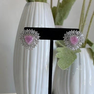 Pink & Green Stone Halo Stud Earrings Silver Tone CZ Statement Jewelry