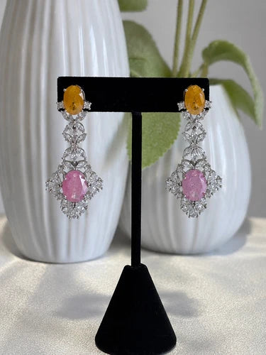 Yellow Pink CZ Silver Tone Drop Earrings Pakistani Indian Statement Jewelry