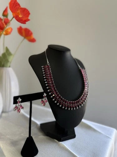 Ruby Pink CZ Necklace & Earrings Set Silver Tone Pakistani Jewelry