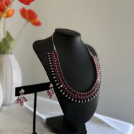 Ruby Pink CZ Necklace & Earrings Set Silver Tone Pakistani Jewelry