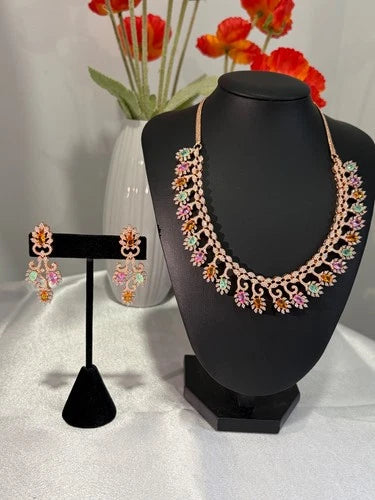 Rose Gold Multicolor CZ Necklace Earrings Set Indian Pakistani Bridal Jewelry
