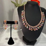 Rose Gold Multicolor CZ Necklace Earrings Set Indian Pakistani Bridal Jewelry
