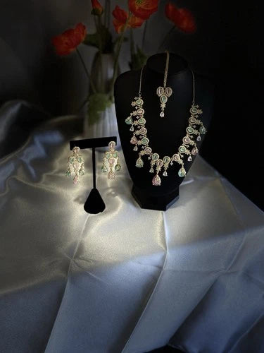 Pastel Pink Mint Gold Tone Necklace Earrings Tikka Pakistani Jewelry Set