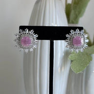 Pink Stone CZ Silver Tone Halo Stud Earrings Pakistani Indian Jewelry