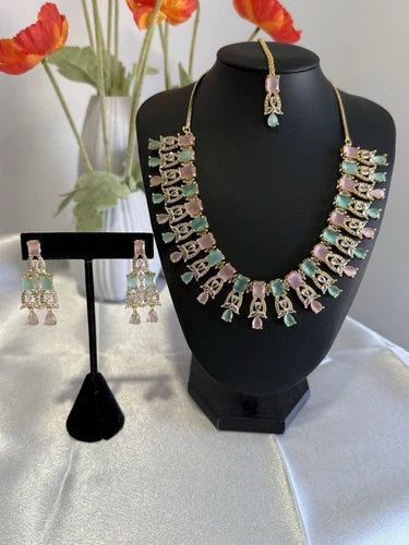 Pastel Pink Mint CZ Necklace Earrings Tikka Set Gold Tone Jewelry