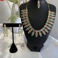 Pastel Pink Mint CZ Necklace Earrings Tikka Set Gold Tone Jewelry