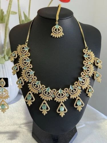 Mint Green CZ Necklace & Earrings Set Silver Tone Pakistani Jewelry