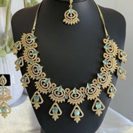 Mint Green CZ Necklace & Earrings Set Silver Tone Pakistani Jewelry