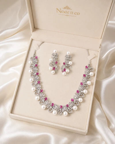 Pink Pearl CZ Silver Tone Necklace Earrings Set Indian Pakistani Bridal Jewelry