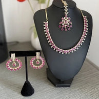 Pink CZ Gold Tone Necklace Earrings Tikka Set Indian Pakistani Bridal Jewelry