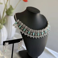 Mint Green CZ Choker Necklace Earrings Set Silver Tone Pakistani Jewelry