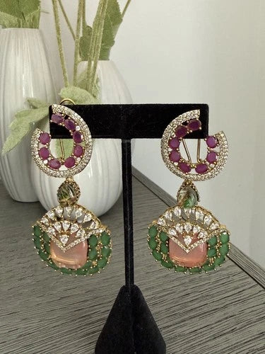 Luxury Pink & Green Statement Earrings | Pakistani Jewelry | Bridal Earrings