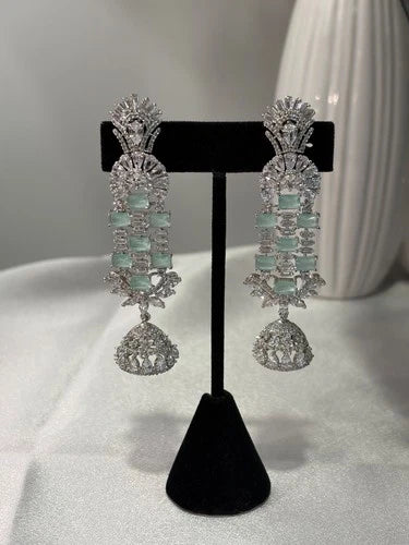 Mint Green CZ Silver Tone Chandelier Jhumka Earrings Pakistani Indian Jewelry