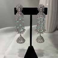 Mint Green CZ Silver Tone Chandelier Jhumka Earrings Pakistani Indian Jewelry
