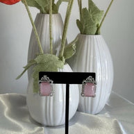 Baby Pink CZ Rectangle Stud Earrings Silver Tone Party Jewelry