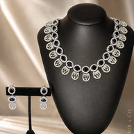 Navy Blue & Silver Tone CZ Necklace Earrings Set | Elegant Statement Jewelry