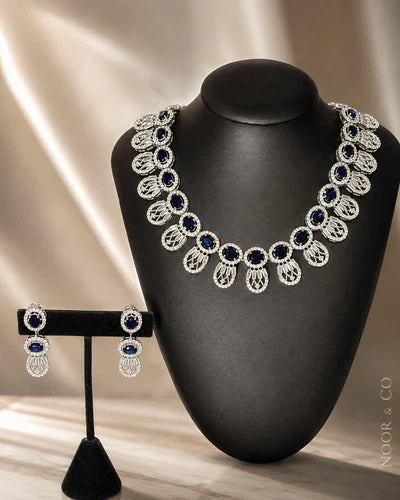 Navy Blue & Silver Tone CZ Necklace Earrings Set | Elegant Statement Jewelry