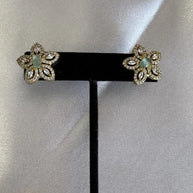 Mint Green CZ Flower Stud Earrings Gold Tone Party Jewelry