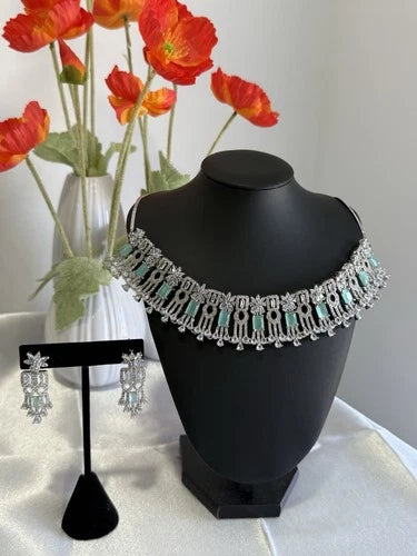 Mint Green CZ Choker Necklace Earrings Set Silver Tone Pakistani Jewelry