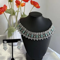 Mint Green CZ Choker Necklace Earrings Set Silver Tone Pakistani Jewelry