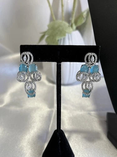 Aqua Blue CZ Necklace Earrings Tikka Set Silver Tone Pakistani Jewelry