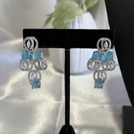 Aqua Blue CZ Necklace Earrings Tikka Set Silver Tone Pakistani Jewelry
